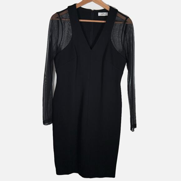 Calvin Klein Black Mesh Sleeve Bodycon Cocktail Dress Glam Minimalist Chic 6 LBD - Picture 8 of 14